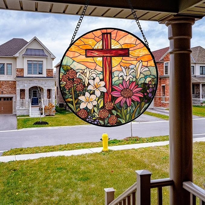Christian Gifts for Women - Cross Stained Glass Window Hanging Easter Flower Sunset Landscape Sun Catcher Garden Religion Decor Mother's Day Catholic Gift for Men Grandma Mom Her Nana 6.3"