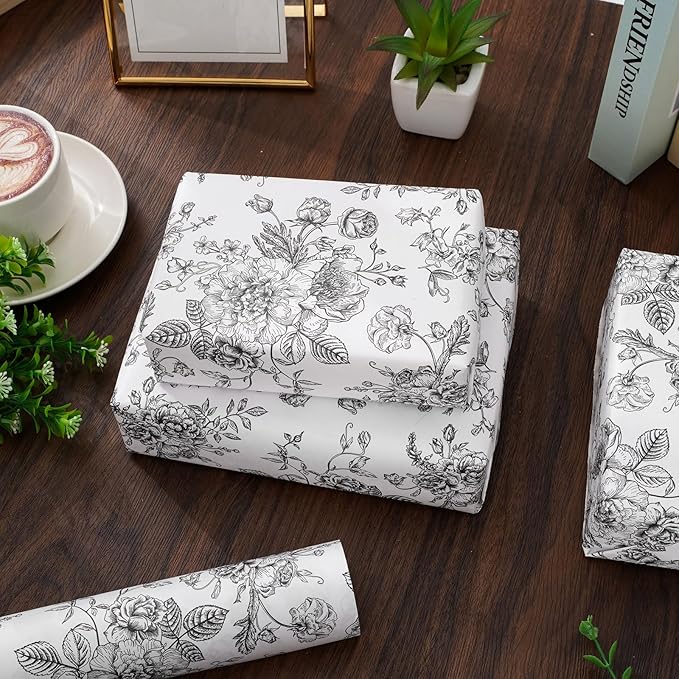 JarThenaAMCS Floral Wrapping Paper Mini Roll 17in x 32.8Ft Black White Flowers Gift Wrap Paper Vintage Floral Paper for Birthday Wedding Baby Shower Holiday Party Wrapping Supplies