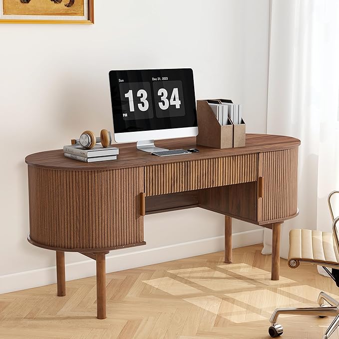 Executive Office Desk with Storage, 63 Inch Large Computer Workstation Desk with Drawer and File Cabinets, Mid Century Modern Fluted Wood Writing Desk for Home Office, Study Room, Living Room, Walnut
