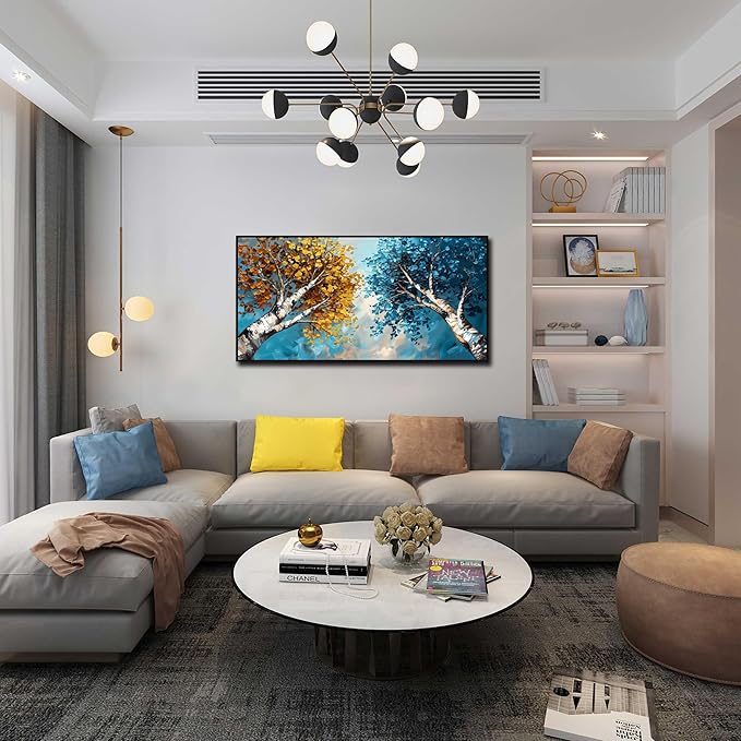 Tree Canvas Wall Art for Living Room Large Size - Yellow and Blue Bedroom Wall Art - Black Framed Wall Art Size 29" x 59"