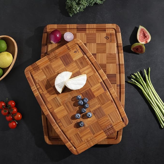 2 Pack Heavy Duty Bamboo Cutting Board Set Non Slip Over Sink Solid Thick Wood Chopping Board End Grain Extra Large Big Small Best Organic Hardwood Wooden Kitchen Essential New Home Housewarming Gift