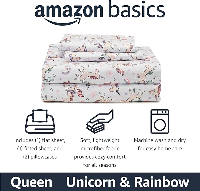 Amazon Basics Kid's Soft Easy-Wash Lightweight Microfiber 4-Piece Sheet Set, Queen, Unicorn and Rainbow