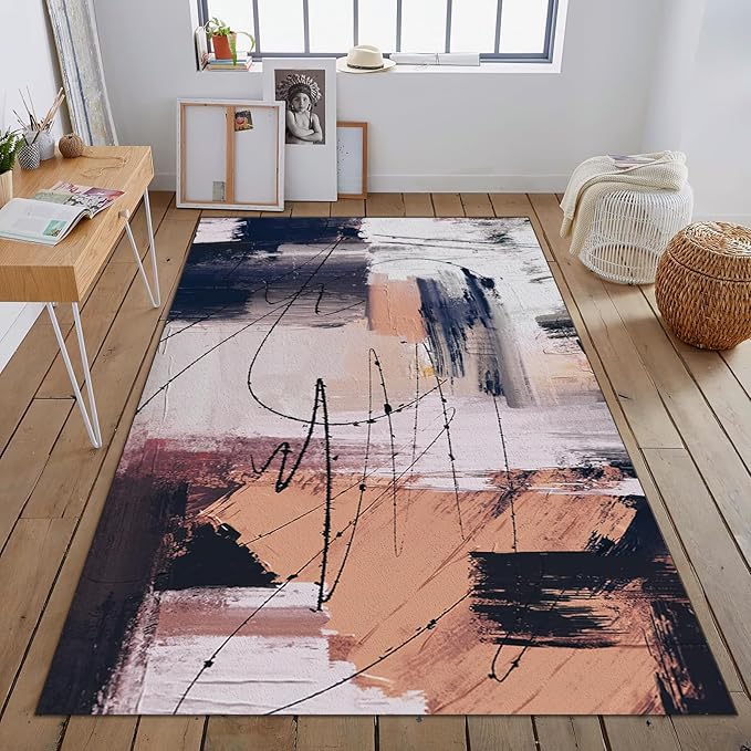 Abstract Graffiti Art Large Area Rug, Black Ink Lines Non Slip Print Rugs, Soft Machine Washable Carpet for Indoor Bedroom Living Room Office Decor Rug - 5 ft x 7 ft