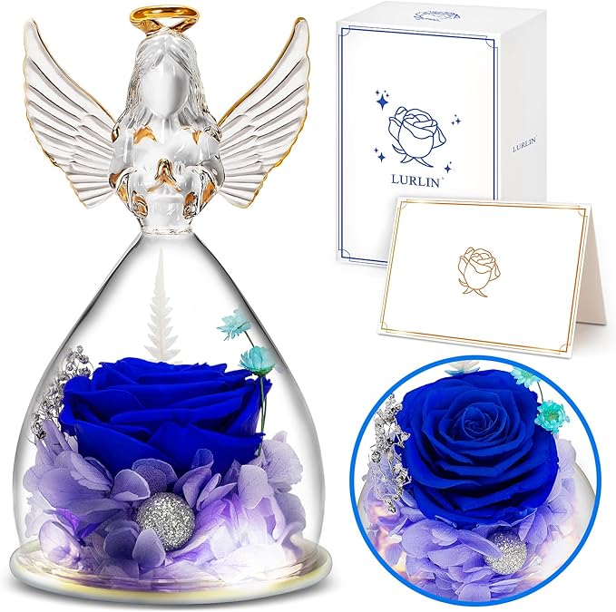 Lurlin Birthday Flowers for Women: Preserved Rose Gift for Mom, Grandma, Wife, Friend, Nurse; Glass Angel Figurines with LED Light