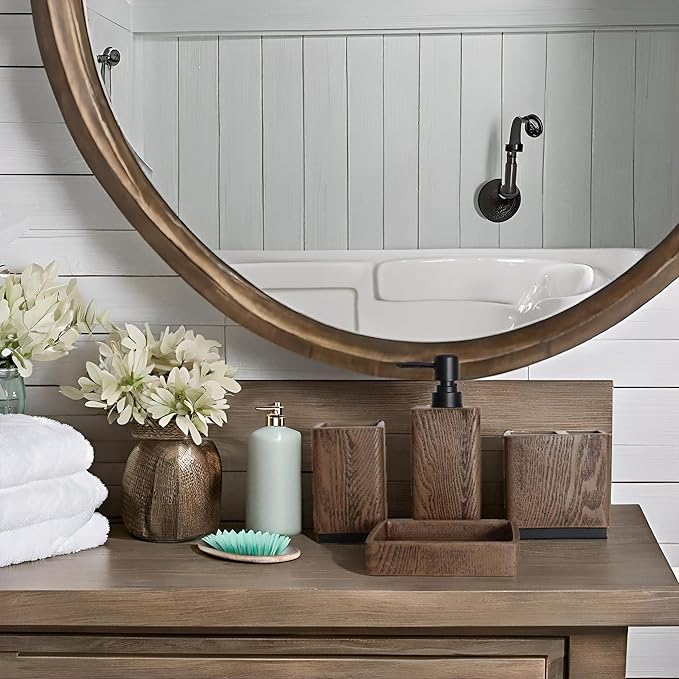 Hymmah Bathroom Accessories Set,Toothbrush Holder,Farmhouse Bathroom Decor,3 Pcs Resin Gift Set Apartment Necessities, Contain Toothbrush Cup,Soap Dispenser,Tumbler (Wood Brown)