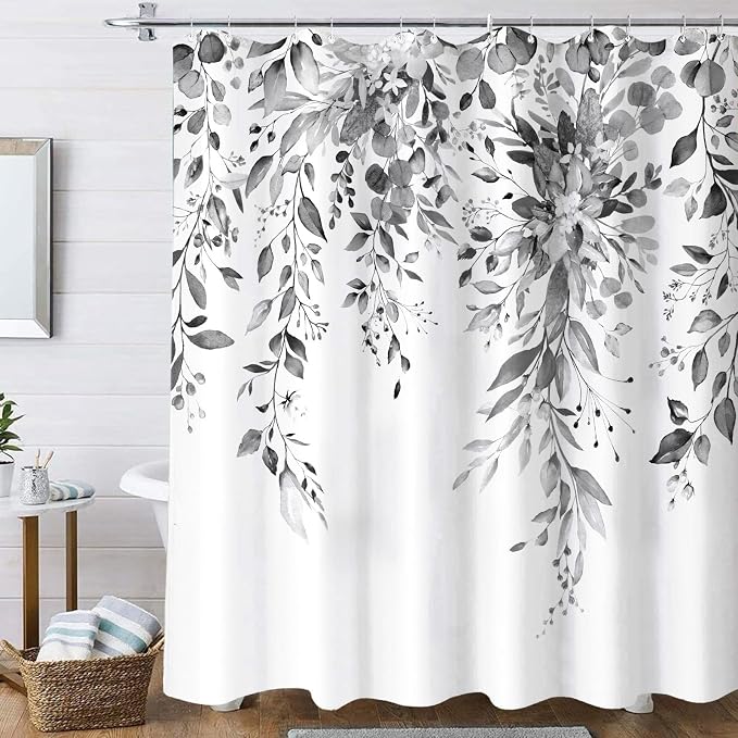 Long Gray and White Eucalyptus Shower Curtain Watercolor Grey Floral Plant Leaf Shower Curtains for Bathroom Botanical Flower Waterproof Fabric Bath Curtain with Hooks (Black, 72'' x 78'')