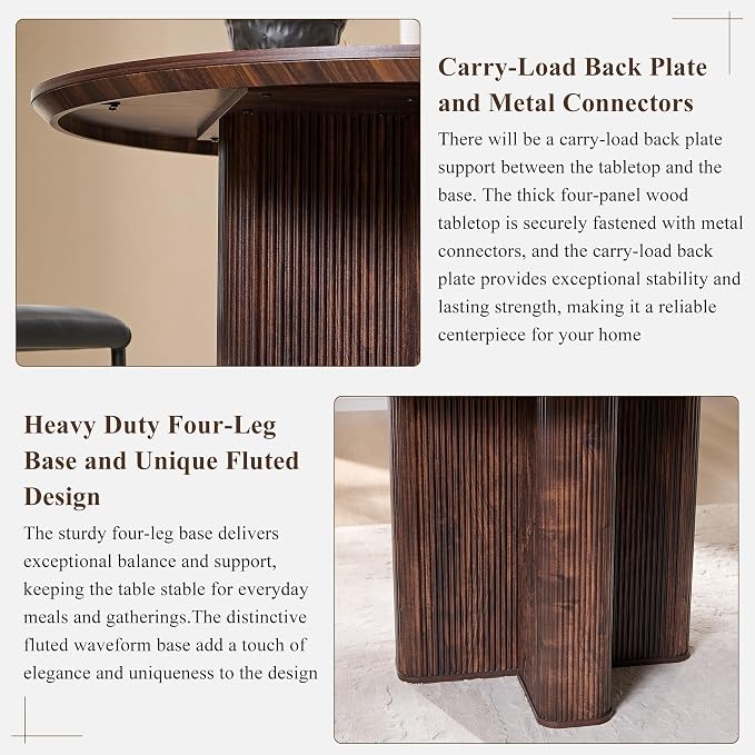 T4TREAM 47" Fluted Round Dining Table for Kitchen Living Room, Dark Walnut | Mid Century Modern Kitchen Table,Seats 4-6,Thickened Edge and Sturdy Reeded Pedestal Base