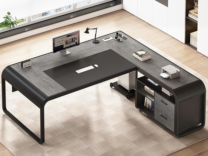 SEDETA 63 Inch Executive Desk, Large Office Desk with File Drawer, L Shaped Desk with Drawers, Computer Desk with Mobile CPU Stand, Storage Shelves, Power Outlets for Home Office, Gray