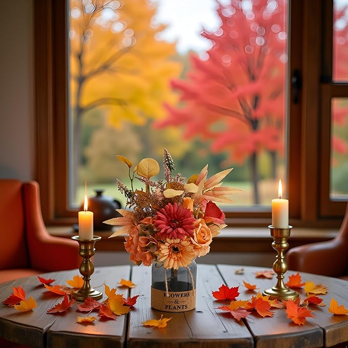 LADADA Artificial Flower in Glass Vase,Fall Silk Flower Arrangements,Fall Centerpieces for Tables,Artificial Flowers for Autumn Decor,Thanksgiving Party Table Rustic Wedding（Orange-Yellow）