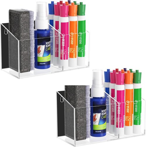 HBlife Magnetic Dry Erase Marker Holder - 2 Compartment Acrylic Wall Mount for Whiteboard & Refrigerator | Clear