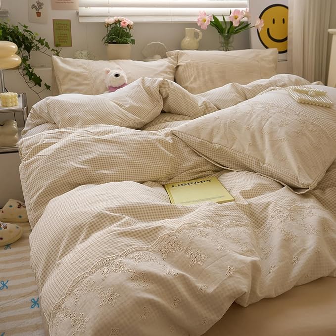 LifeTB Tan Gingham Comforter Set King Romantic Lace Bedding Beige Plaid Comforter Set Vintage Grid Checkered Pattern Comforter with 2 Pillowcases Farmhouse Taupe Plaid Gingham Bedding Set