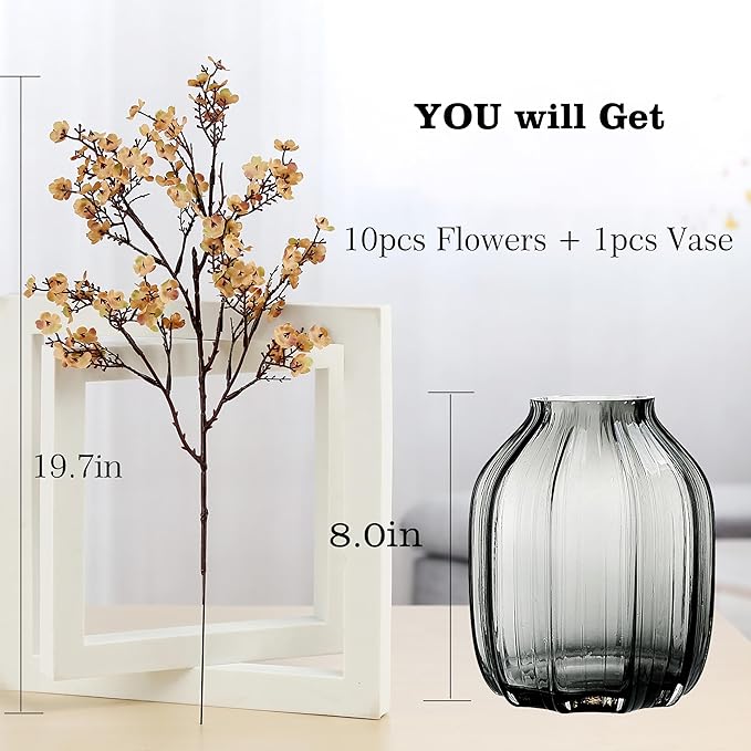 Babys Breath Silk Artificial Flowers Bulk With Vase 10pcs for Fall Decor Fake flower bouquet Bulk for Home Kitchen Indoor Bouquet Floral Arrangement Table Centerpieces Party Decor(Khaki With Vase)
