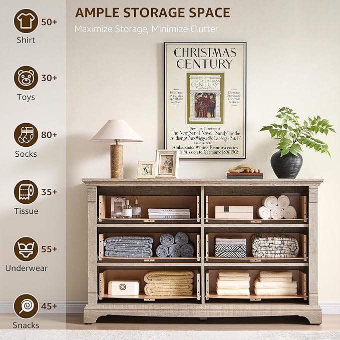 Farmhouse 6 Drawers Dresser for Bedroom, 54" Wide Large Dressers & Chests of Drawers w/Roman Column, Wooden Dresser TV Stand with Large Drawers for Nursery Bedroom Living Room Hallway,Light Rustic Oak