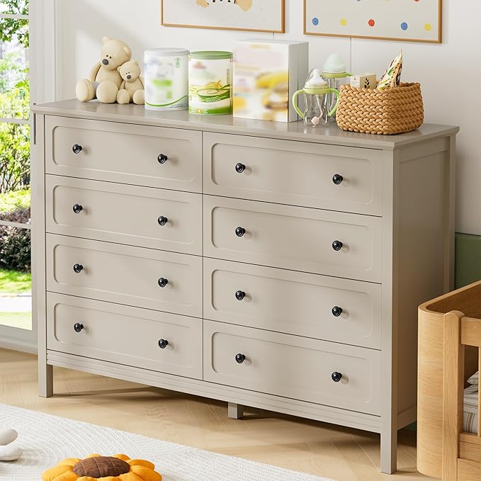Dresser for Bedroom, 8 Drawer Dresser with Metal Handles, 55" Wide Modern Dressers & Chest of Drawers for Living Room, Hallway, Entryway, Beige