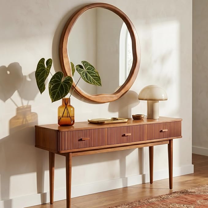 Walnut Round Mirror 24 Inch, Solid Wood Framed Bathroom Vanity Mirror with Wavy Inner Edge, Retro Mid-Century Wall Decor for Bedroom & Entryway