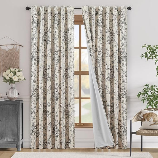 jinchan Blackout Linen Blend Curtain Floral Blackout Curtains for Living Room 90 Inch Length Black Printed with Lined Blackout Curtain for Bedroom Farmhouse Curtains Set 2 Panels