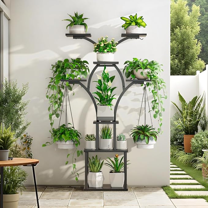 Elbourn 8 Tiered 60" Plant Stand Indoor Shelf with 3 Grow Lights (Black) | Corner Shelf Decor