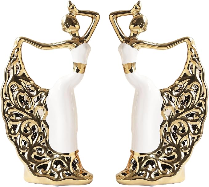 2 Pcs Ceramic Statues Home Decor, Dancer Women Sculpture Figurine, Modern Aesthetic Abstract Art Decorative Accent for Living Room Bedroom Bookshelf Dining Table Centerpiece Office (White and Gold)
