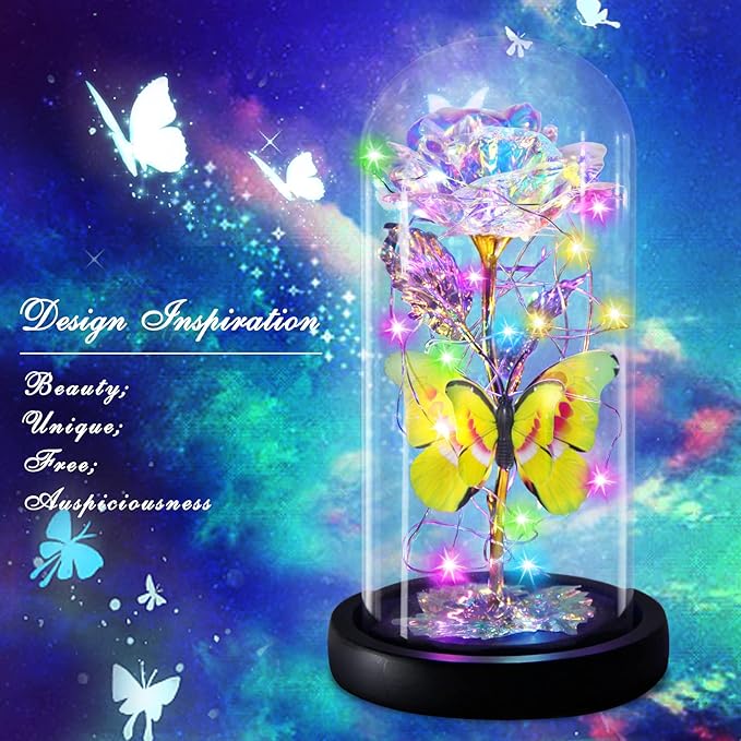 Rainbow Butterfly Rose Flower Birthday Gifts - Women Gifts for Her Anniversary Valentines Mothers Day Christmas Thanksgiving - Light Up Rose Flower Gifts for Wife Mom Grandma Girlfriend Lady Girl