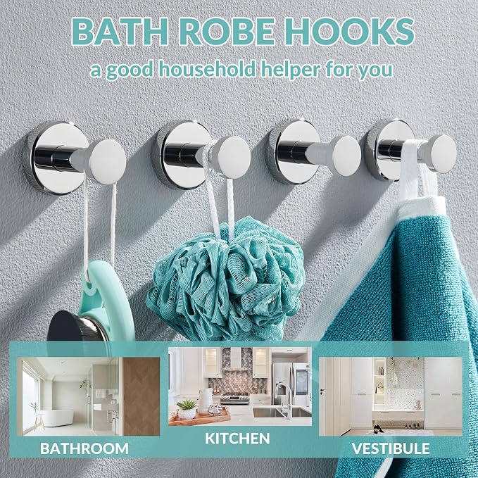 APLusee Polished Chrome Hand Towel Hook, 4 Pack 304 Stainless Steel Storage Coat Hook for Toilet Bathroom Kitchen, Home Accessories Wall Mounted