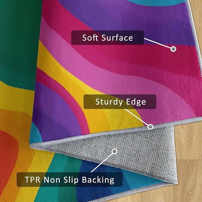 Rainbow Abstract Rugs 3x5, Colorful Retro 70s Washable 3 x 5 Area Rug for Living Room, Bedroom, Low Pile Non Slip Stain Resistant Carpet, Abstract Home Decor Accessories & M884