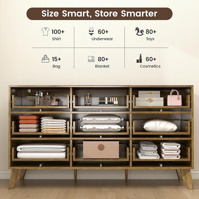 Hadulcet Wooden Dresser for Bedroom, 55” Long Mid Century Modern Fluted 9 Drawers Dresser Storage Clothes for Closet Organizer, Handleless Design, Push to Open, Dark Wood