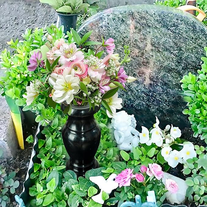 Cemetery Vase, Granite Grave Vase Memorial Stone Vases for Home Tabletop, Artificial or Fresh Flowers, Cemetery Grave Headstone Decorations (2Pcs, Black), No Draining Hole