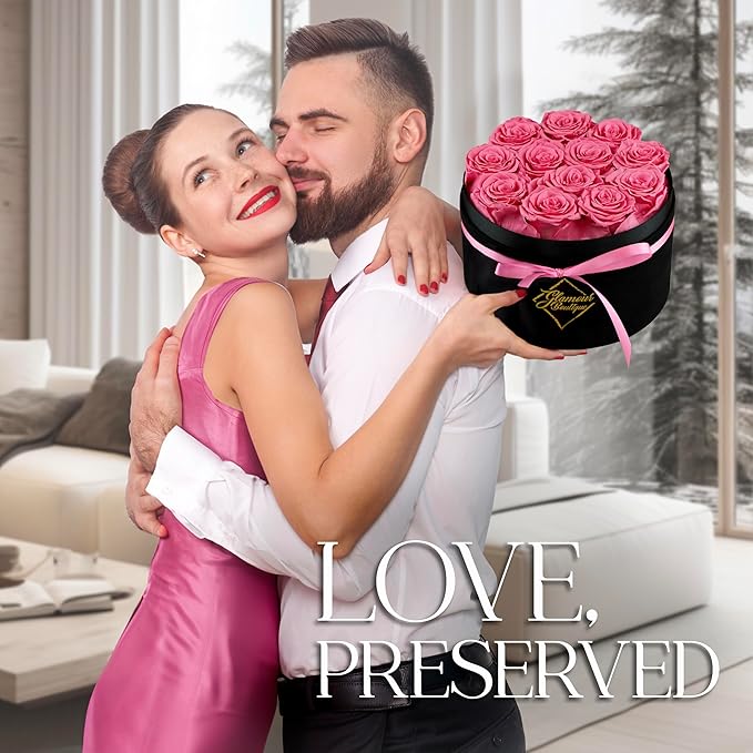 GLAMOUR BOUTIQUE Flowers Forever Gift Box 12 Real Preserved Roses in a Velvet Black Box, Birthday for Her Mom and Wife, Mothers Day, Anniversary, Graduation - Pink