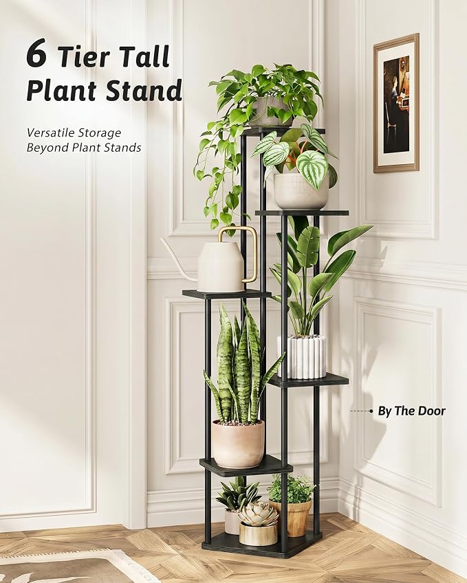 GENTINGBRO Corner Plant Stand Indoor 6 Tiered Plant Shelf for Multiple Plants Tall Plant Stand Shelf Wood Plant Stands Metal Shelving for Living Room Bedroom Balcony Black