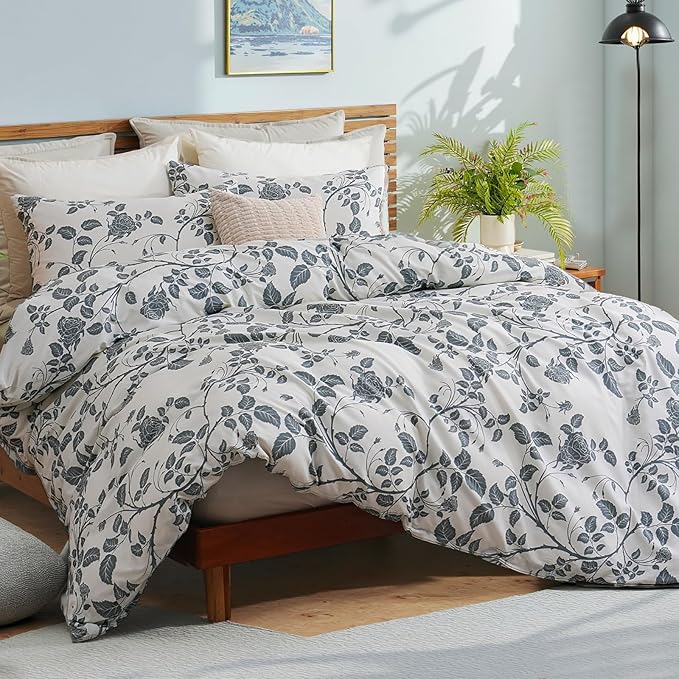 Bedding_Dreamer Comforter Set Queen Size 100% Cotton Comforter Botanical Leaf Comforters Blue Floral Bedding Sets Soft Breathable 3 Pcs