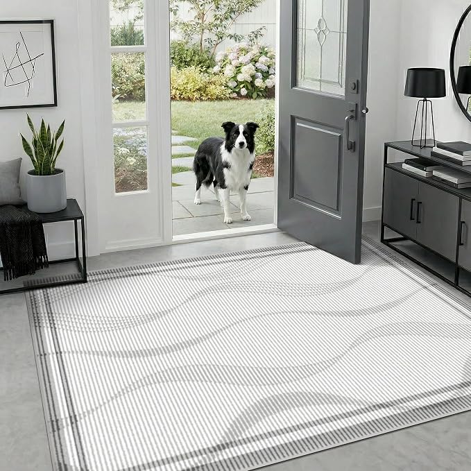Merelax Large 4x6 Entryway Rug Indoor - Washable Non-Slip Low Pile Soft Area Rug for Entrance, Kitchen, Bedroom Bedside, Mudroom, Modern Aesthetic Abstract Geometric Decor Thin Carpet, Grey