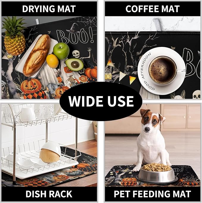 Halloween Dish Drying Mat for Kitchen Counter 16x18 Inch Black Ghost Pumpkins Dog Boo Skull Dishes Drainer Mats Absorbent Microfiber Washable Dish Draining Pad for Sink Coffee Bar