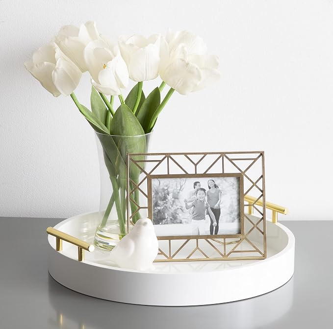 Kate and Laurel Lipton Modern Round Tray, 15.5" Diameter, White and Gold, Decorative Accent Tray for Storage and Display