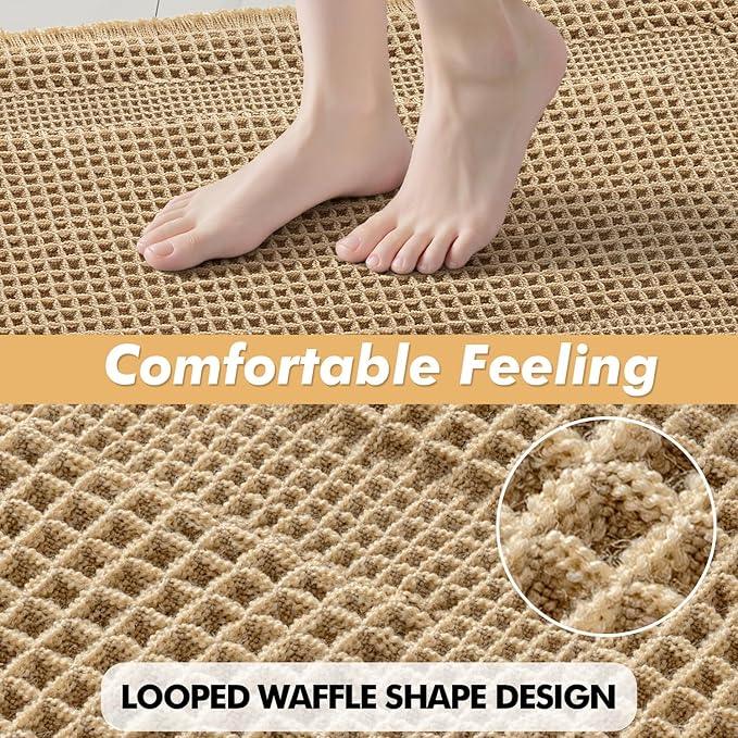 MIULEE Set of 2 Waffle Bathroom Rugs, Boho Bath Rug Super Absorbent, Non Slip Washable Ultra Soft Rubber Backed Shower Bath Mats for Floor, Tub, Shower, Looped Design, Brown, 17"x24"+18"x30"
