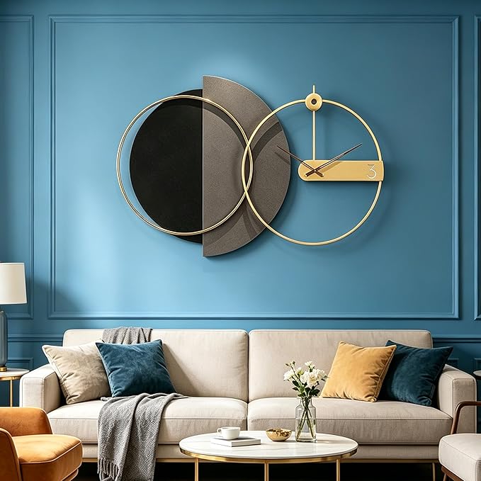 Mid Century Modern Wall Clock 3D Luxury Large Geometric Silent Non Ticking for Living Room, 43X27.5" Giant Ring Abstract Art Clock for Wall, Big Unique Metal Fancy Clock Wall Decor for Bedroom Kitchen