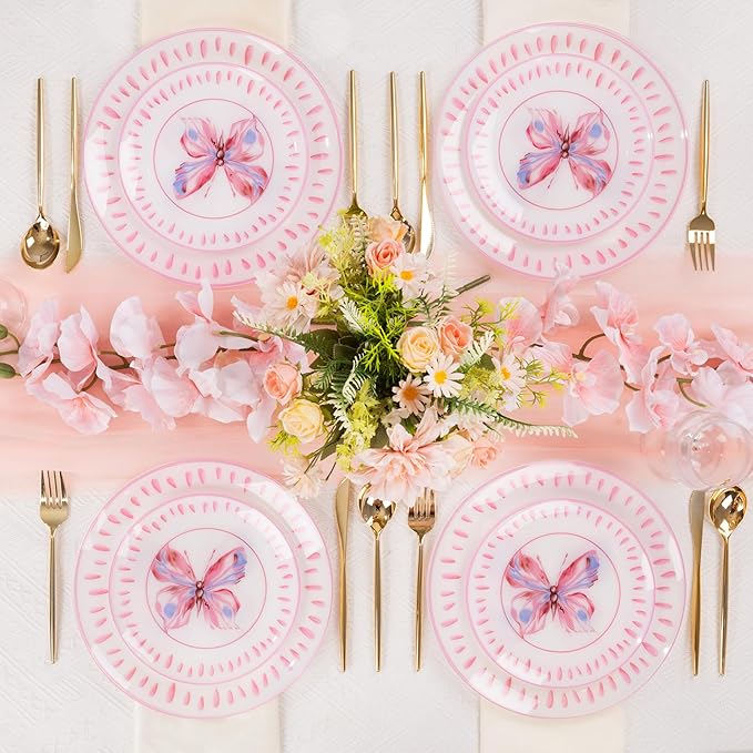 U-QE 20Pcs Pink Plastic Plates for Party - Pink Butterfly Plates Disposable Heavy Duty includes 7.5" Dessert & 10.25" Dinner Plates, Ideal Suitable for Baby Shower, Garden Gathering and Themed Event