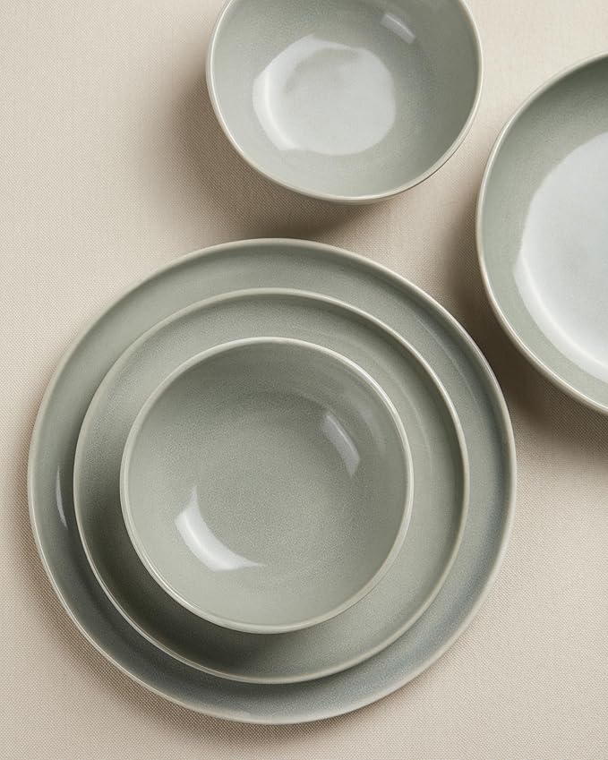 Pokini Ceramic Plates and Bowls Set, Everyday Dinnerware Set for 4, Wavy Rim Kitchen Dish Set, Chip Resistant Dishware Sets, Dishwasher Safe Dinner Set, Designed for Simple Meals, Gray Green