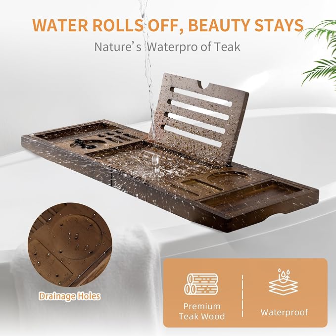 FLYJOE Wood Bathtub Tray Table - Foldable Bath Tray for Tub with Expandable Handles, Wine Glass & Phone Holder, Book Stand - Enhance Home Spa Experience with Natural TeakMaterial, Walnut