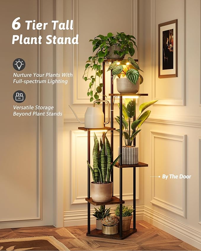 GENTINGBRO Corner Plant Stand Indoor 6 tiered plant shelf for Multiple Plants tall plant holder plant table metal shelving for Living Room Bedroom Balcony Patio Brown Oak with Light