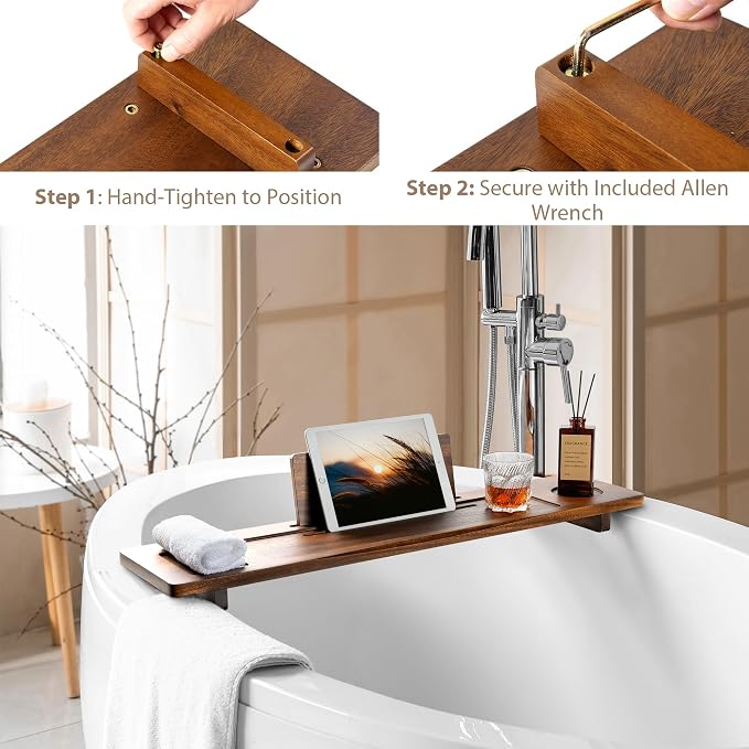Solid Walnut Bathtub Tray Caddy - 35" Non-Slip Luxury Bath Board for Freestanding Tub - Premium Wood Bathtub Organizer with Wine Glass, Book & Phone Holder for Spa Relaxation, Gift Ideas