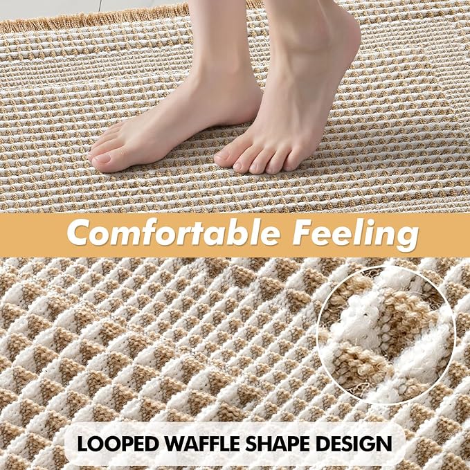 MIULEE Set of 2 Waffle Bathroom Rugs, Boho Bath Rug Super Absorbent, Non Slip Washable Ultra Soft Rubber Backed Beige Bath Mats for Floor, Tub, Shower, Looped Design, Brown & Cream, 17x24 Inch