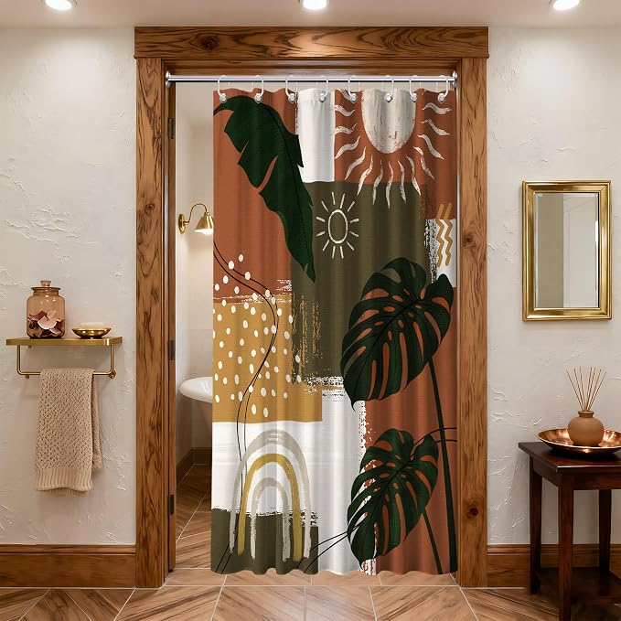 Small Stall Narrow Shower Curtain Mid Century Modern Stand Up Abstract Tropical Leaf Shower Curtains for Rv Camper Bathroom Decor Sets, Waterproof Cloth Fabric with Hooks, 48 x 72 Inch