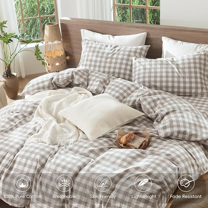 MooMee Gingham Duvet Cover Set 100% Washed Cotton Linen Like Textured Breathable Durable Soft Comfy Modern Checkered Design (Buffalo Plaid Tannish Linen Grey, Twin 68"x90")