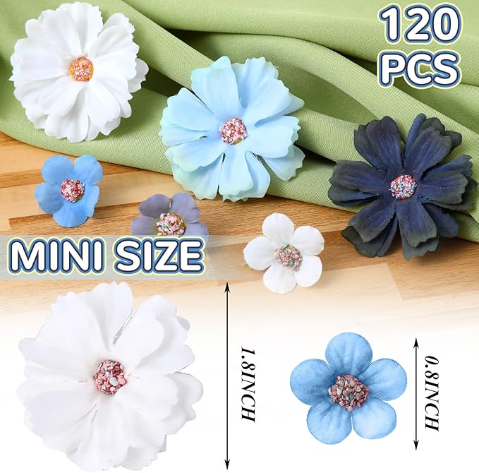Geosar 120 Pcs Small Flowers for Crafts Mini Faux Flowers Artificial Silk Fabric Floral Arrangement Decor for DIY Wreath Bouquets Wedding Shower Home Decor(Blue,Fresh Style)