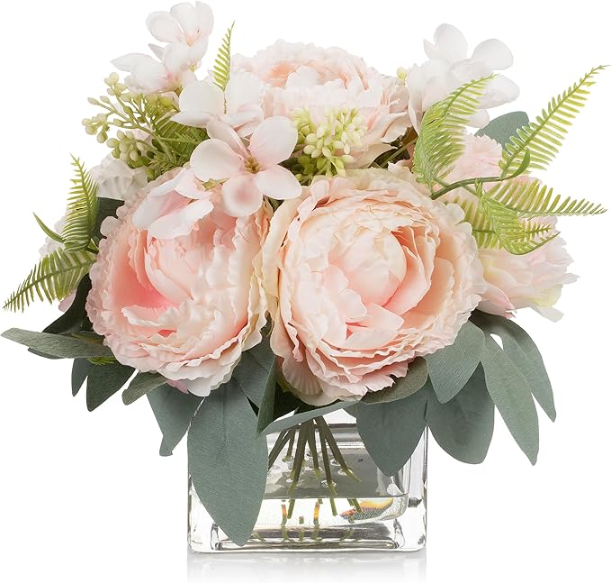 ENOVA FLORAL Artificial Flower Arrangement with Vase,Mixed Artificial Silk Peony Flower in Vase for Decoration Home Office, Wedding Centerpiece (Pink)