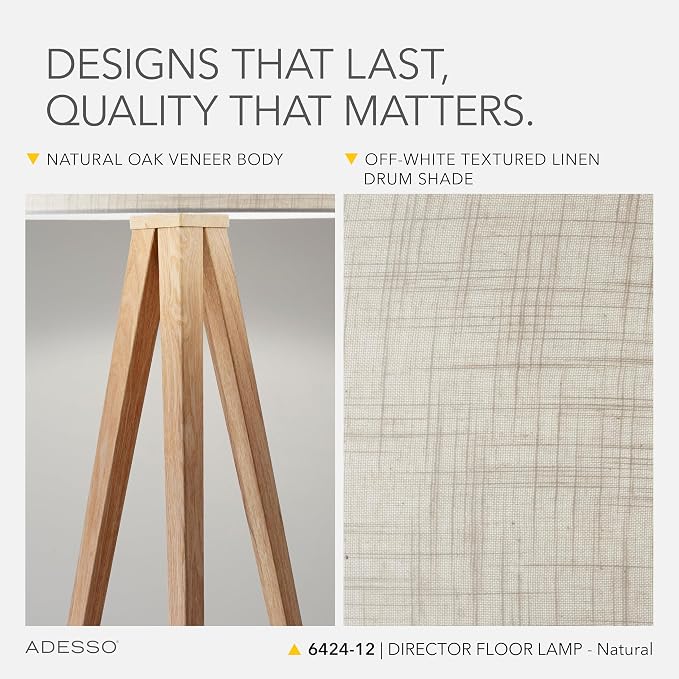 Adesso Floor Lamp with Natural Oak Veneer and Off-White Fabric Lampshade – 3-Way Adjustable Brightness, Lamp for Bedroom, Living Room, and House Décor, 60.25” x 21”