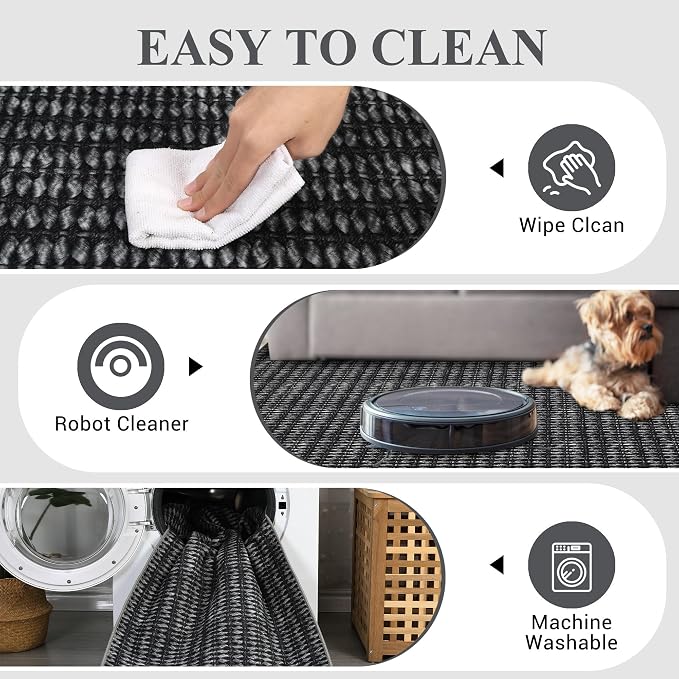 Washable 10x13 Modern Braided Print Area Rug for Living Room Low Pile Soft Bedroom Rugs Non Slip Modern Large Carpet Thin Foldable Boho Vintage Indoor Carpet for Playroom Open Living Room,Black