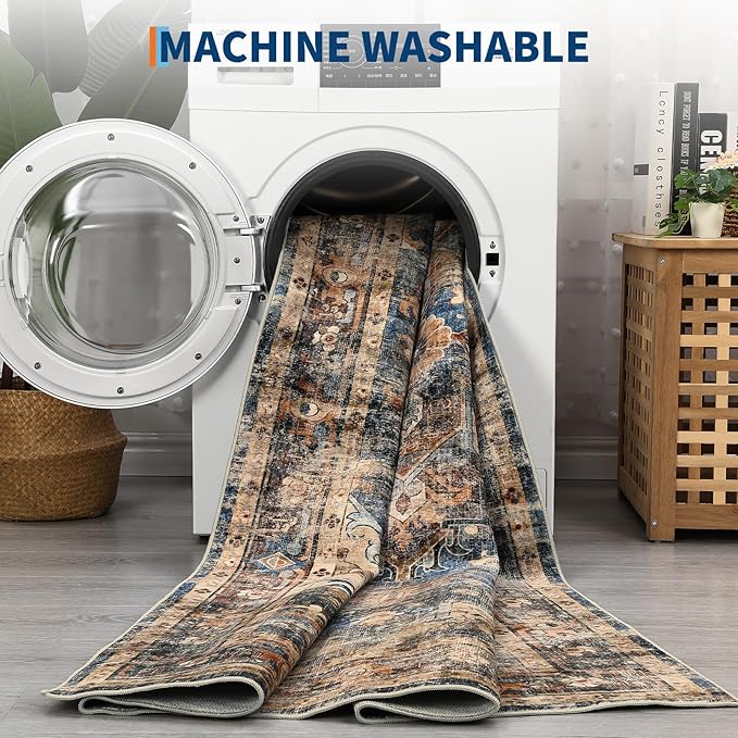 Washable 5x7 Small Area Rug Boho Vintage Medal Print Carpet Non Slip Office Rugs Low Pile Soft Bedroom Carpet Non Shedding Kids Nursery Floor Mats for Kitchen Dining Living Room Blue Brown
