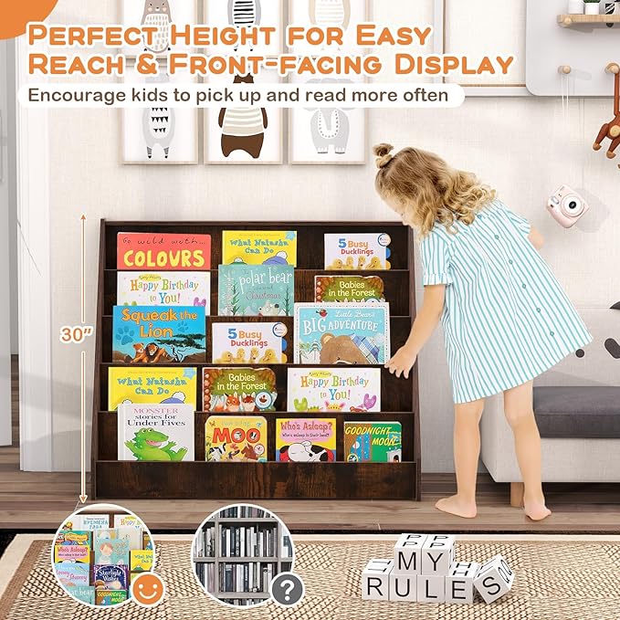 GLACER Kids Bookshelf, 5 Tier Wooden Montessori Book Display Rack, Front Facing Toddler Bookcase, Toy Storage Organizer, Book Shelf for Kids Rooms, Nursery, Classroom and Playroom (Rustic Brown)