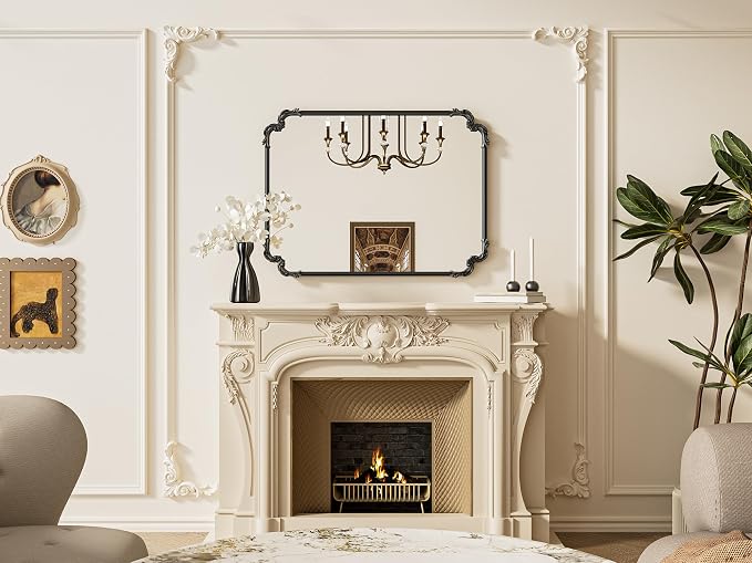 TETOTE Baroque Antique Black Scroll Wall Mirror 40 x 30 Vintage Rectangle Framed Baroque French Rectangular Mirror for Mantle Fireplace Bathroom Living Room, Horizontal/Vertical